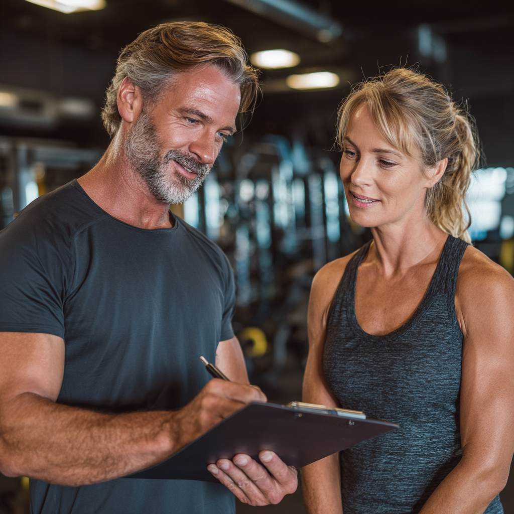 Experienced fitness trainer consulting with a middle-aged client about exercise plan