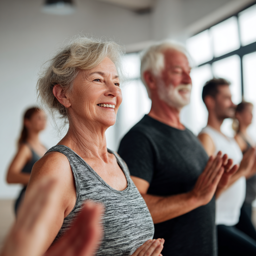 Group of middle-aged adults exercising together in a bright fitness studio